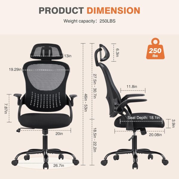 Sweetcrispy Office Computer Desk Chair, Ergonomic High-Back Mesh Rolling Work Chairs with Wheels and Adjustable Headrests, Comfortable Lumbar Support, Comfy Flip-up Arms for Home,Bedroom,Study, Black - Image 2