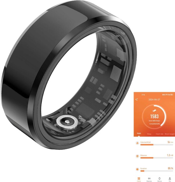 Fitness Tracker Smart Ring, Step Counter for Walking, Heart Rate Blood Oxygen Calorie Sleep Tracker Health Ring, IP68 Waterproof Design, Stainless Steel, 5-7 Days Battery Life