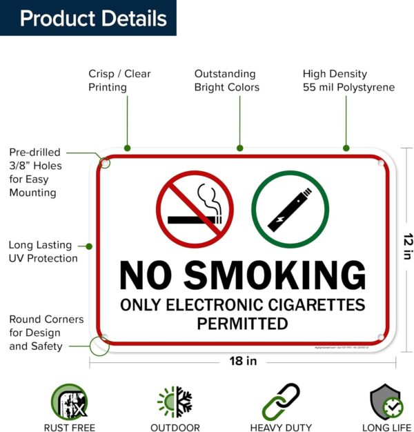 No Smoking Only Electronic Cigarettes Permitted Sign, 12x18 Inches, 55 mil thick HDPS (high density polystyrene), Made in USA by My Sign Center - Image 6