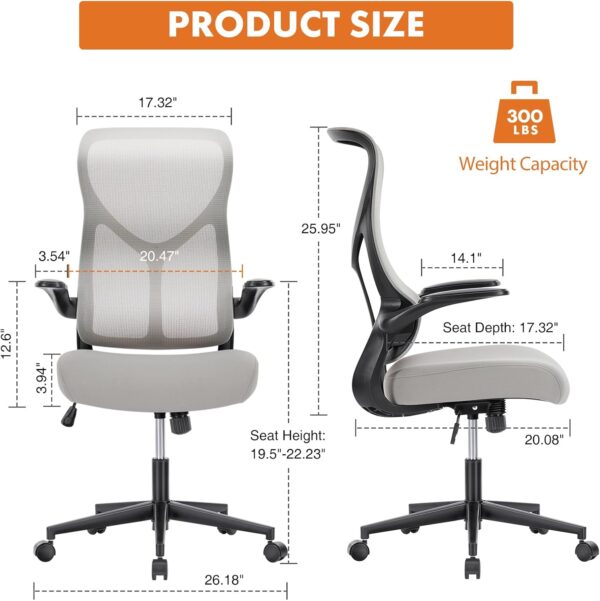 Ergonomic Office Chair, High Back Comfy Desk Chair with Wheels,Swivel Rolling Flip-up Arms Mesh Gaming Chairs for Home,Grey - Image 2