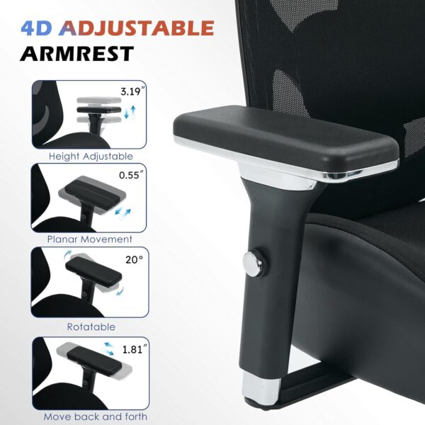 700lbs Big and Tall Office Chair with Wide Thick Seat Cushion for Sitting All Day,Ergonomic Mesh Desk Chair with Adjustable Lumbar Support for Heavy People,4D Armrests - Image 4