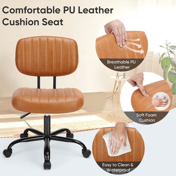 Armless Home Office Desk Chair -Small Ergonomic with Low Back Lumbar Support, Height Adjustable PU Leather Computer Task with 360° Swivel Rolling Wheels, for Small Space, Brown - Image 4