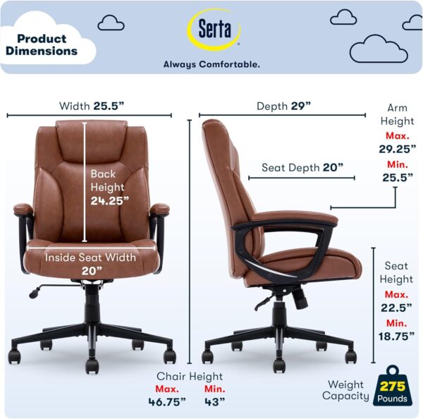 Serta Connor Executive Office Chair, Ergonomic Computer Chair with Layered Body Pillows, Contoured Lumbar, Adjustable Seat Height, Bonded Leather, Cognac - Image 2
