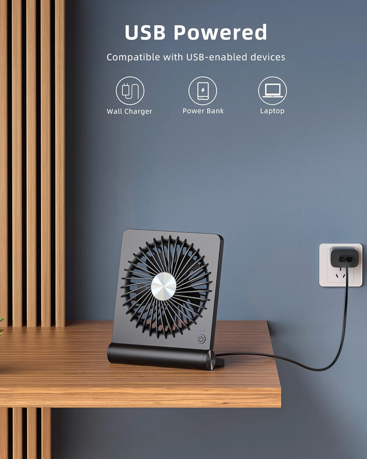 Koonie USB Fan, Strong Wind Ultra Quiet Small Desk Fan 220° Tilt Folding 3 Speeds Adjustable USB-C Corded Powered Personal Fan for Home Office Desktop Black - Image 4