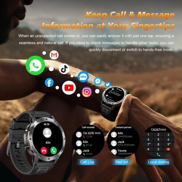 FILIEKEU Man Smartwatch Bluetooth Calls Heart Rate Sleep Monitor Steps Mens Smart Watch IP67 Waterproof Fitness Tracker Military Black Leather Strap Flashlight Smart Watches for Android iOS - Image 4