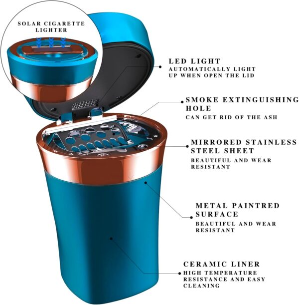 Car Ashtray, Auto Ashtray Cigar Electronic Cigarette Lighter Detachable Solar Powered/USB Rechargeable with Lid Blue LED Light for Most Car Cup Holder Home Office (Blue) - Image 6