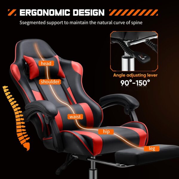Sweetcrispy Video Game Desk Chair - Ergonomic Computer with Footrest and Comfy Lumbar Support, PU Leather Recliner with Headrest, Fixed Up Armrest, Height Adjustable with 360° Swivel, for Adults, Red - Image 4