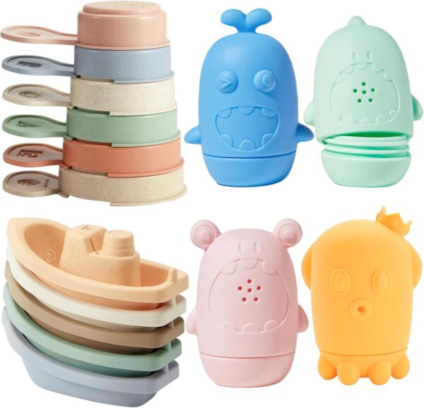 Bath Toys for Kids Ages 1-3, 15 PCS Mold Free Toddler Bath Toys for 2-4 Bathtub Water Table Pool Toys with Stackable Boats and Spoons and Silicone Bath Toy for Babies 6-12 Months, Baby Gifts