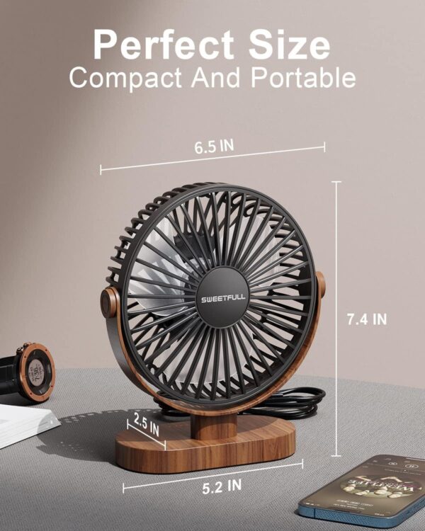 SWEETFULL 6.5 Inch USB Small Desk Fan, 3 Speeds Quiet Portable Desktop Table Fan, 360° Adjustment Personal Mini Fan for Home Office Car Outdoor Travel (Black wood grain) - Image 3