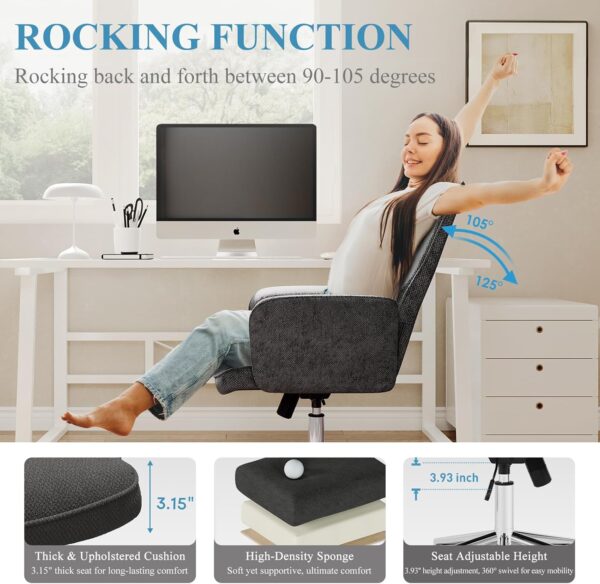 COLAMY Comfy Office Desk, Upholstered Fabric Computer Desk, Criss Cross with Wheels and Armrests, Swivel Adjustable Vanity for Home, Makeup, Office, Bedroom, Darkgrey - Image 4