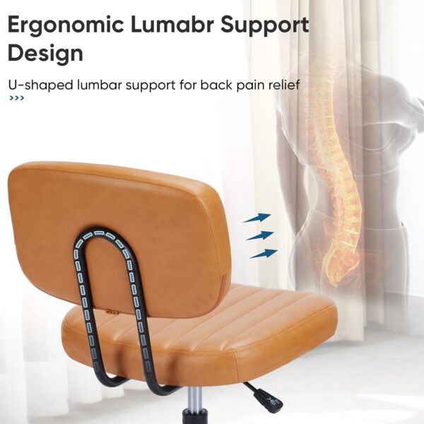 Armless Home Office Desk Chair -Small Ergonomic with Low Back Lumbar Support, Height Adjustable PU Leather Computer Task with 360° Swivel Rolling Wheels, for Small Space, Brown - Image 3