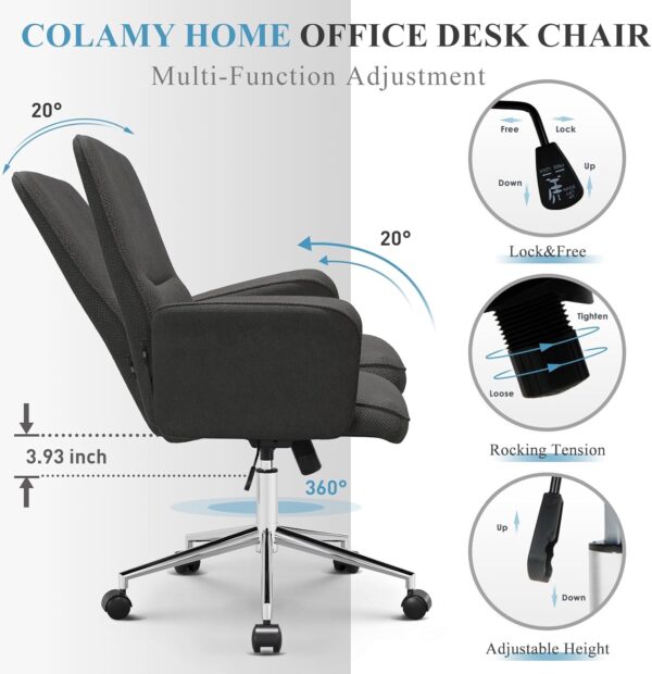 COLAMY Comfy Office Desk, Upholstered Fabric Computer Desk, Criss Cross with Wheels and Armrests, Swivel Adjustable Vanity for Home, Makeup, Office, Bedroom, Darkgrey - Image 6