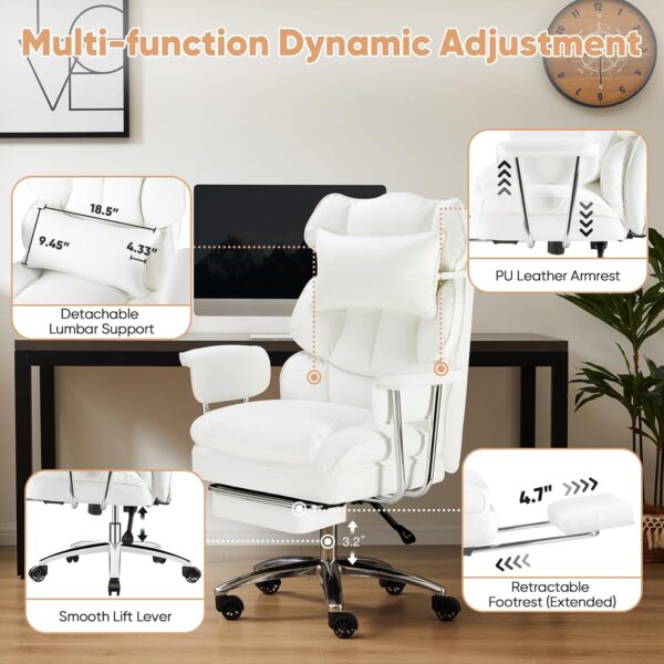 Heavy Duty Executive Office Chair with Retractable Footrest, Big and Tall Computer Chair Ergonomic High Back Reclining Desk Chair with Wide Thick Seat and Lumbar Support, White - Image 6