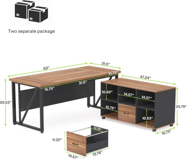 Tribesigns 63 inches Executive Desk and 47" lateral File Cabinet, L-Shaped Computer Desk Home Office Business Furniture with Drawers and Storage Shelves, Office Table,Brown and Black - Image 2