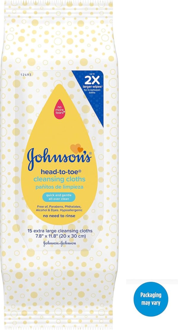 Johnson's Head-to-Toe Gentle Baby Cleansing Cloths, Hypoallergenic and Pre-Moistened Baby Bath Wipes, Free of Parabens, Phthalates, Alcohol, Dyes and Soap, 15 ct - Image 2