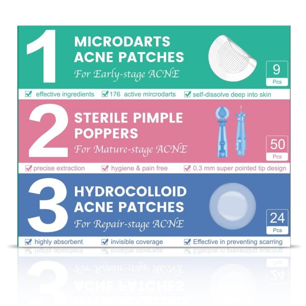 3-Step Microdart Pimple Patches Set - 9 Microdarts Pimple Patches, 50 Pimple Popper, 24 Hydrocolloid Patches