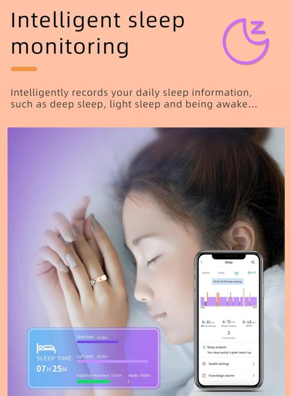 Ladies Smart Ring for Women BP Monitor Fitness Ring Heart Rate Monitor SP-O2 Sleep Tracker Health Ring Pedometer Calories Step Counter GPS Waterproof Compatible with iOS Android Phones Gift for Her - Image 3
