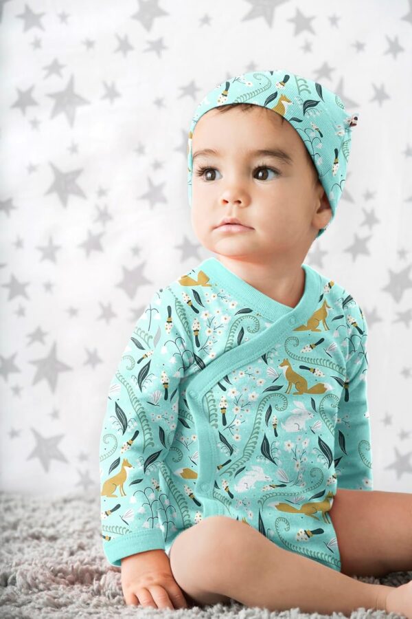 Babysoy Organic Baby Newborn Long Sleeve Pattern Kimono Wrap Around Side Snap Bodysuit/Onesie for Unisex Infants - Image 2