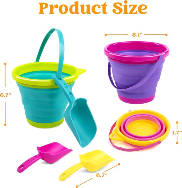 JOYIN Foldable Beach Bucket Set - 3 Packs Collapsible Toy Buckets with Shovels and Mesh Backpack for Kids Toddlers Party, Camping Gear, Travelling, Fishing Water Pail (Pink/Purple/Green) - Image 5