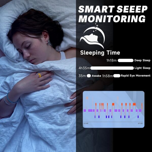 Smart Ring, Sleep Tracking Wearable, Heart Rate, Fitness Tracker, for Men/Women, Gold, Size 12 - Image 4