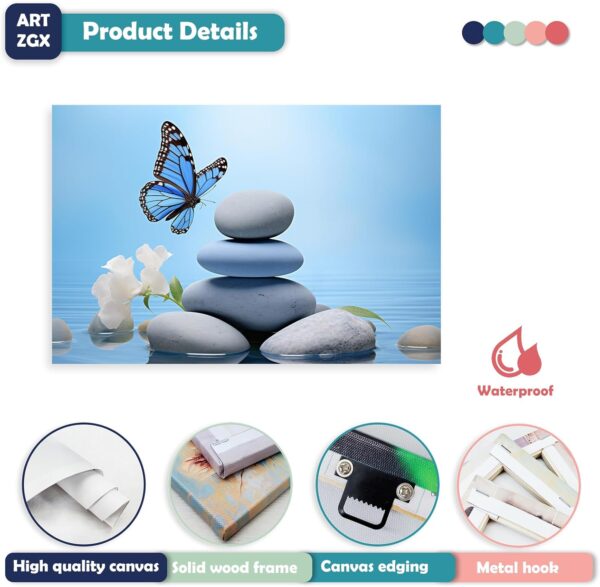 ARTZGX Zen Wall Art for Bathroom Zen Stone Picture Blue Butterfly Painting Still Life Artwork for Yoga Room Decor Frame(Zen - C 16.00" x 24.00") - Image 6