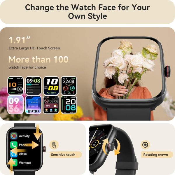 Smart Watch for Women Men, Smartwatch for iPhone & Android Bluetooth (Answer/Call) Built-in Alexa, 1.91" HD Fitness Tracker, Package with 2 Straps and Wireless Headphones, Screen Protector - Image 7