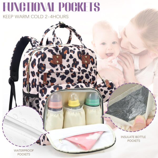 Tuwubi Diaper Bag Backpack, Baby Essentials Travel Tote Bag, Multi function Waterproof Backpacks, Travel Essentials with Stroller Straps & Pacifier Case - Leopard Print - Image 3