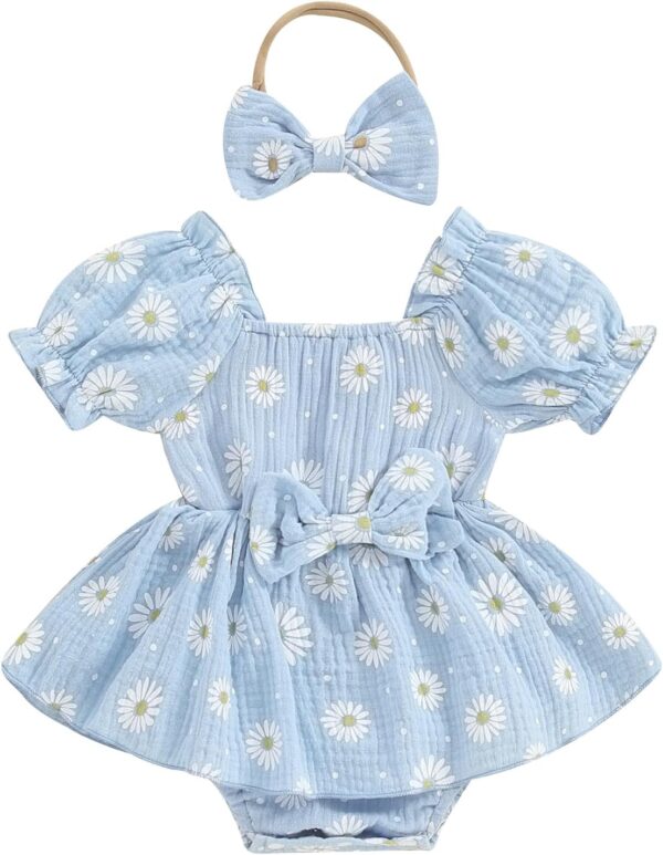 Baby Girls Daisy Romper Bowknot Bodysuit+Headband Short Sleeve Playsuits Floral Jumpsuit Infant Summer Clothes
