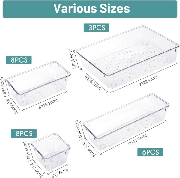 25 PCS Clear Plastic Drawer Organizer Set, 4 Sizes Desk Drawer Divider Organizers and Storage Bins for Makeup, Jewelry, Gadgets for Kitchen, Bedroom, Bathroom, Office - Image 2