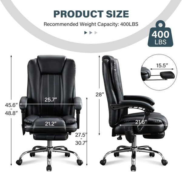 Massage Office Chair with Heat and 6 Vibration Points，Executive Office Chair with Foot Rest and Padded Armrests，Reclining Backrest and Wheels - Image 3