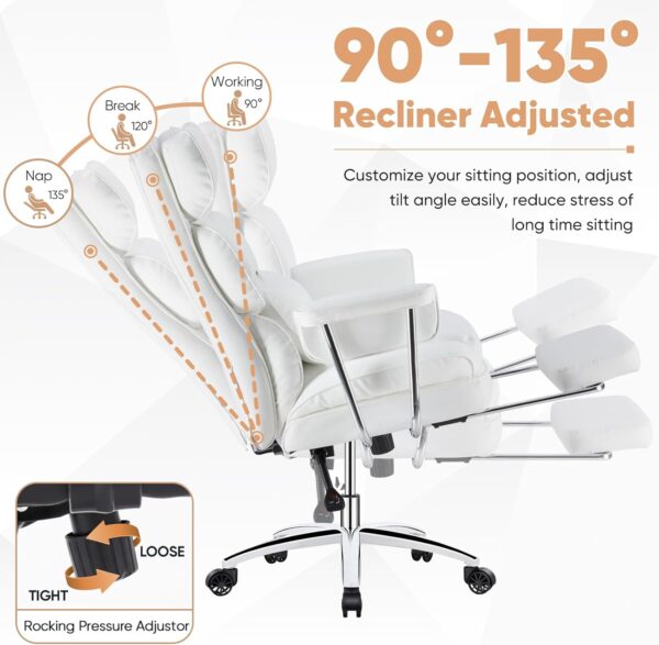 Heavy Duty Executive Office Chair with Retractable Footrest, Big and Tall Computer Chair Ergonomic High Back Reclining Desk Chair with Wide Thick Seat and Lumbar Support, White - Image 5