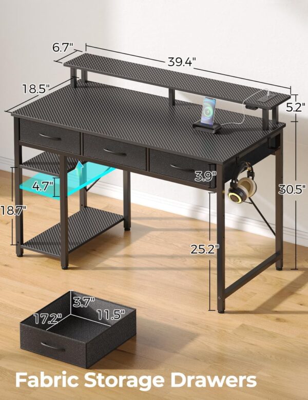 Rolanstar Computer Desk with Power Outlets & LED Light, 39 inch Home Office Desk with 3 Drawers and Storage Shelves, Writing Desk with Monitor Stand, Modern Work Desk for Home Office, Carbon Black - Image 3