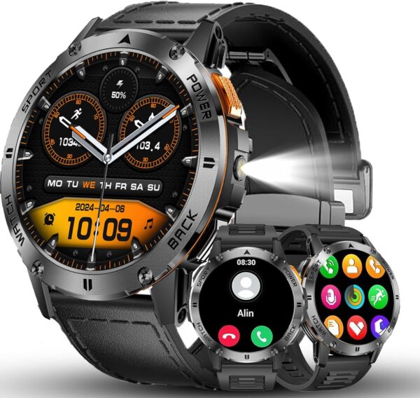 FILIEKEU Man Smartwatch Bluetooth Calls Heart Rate Sleep Monitor Steps Mens Smart Watch IP67 Waterproof Fitness Tracker Military Black Leather Strap Flashlight Smart Watches for Android iOS