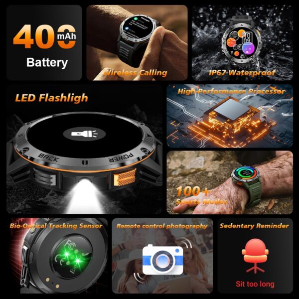FILIEKEU Man Smartwatch Bluetooth Calls Heart Rate Sleep Monitor Steps Mens Smart Watch IP67 Waterproof Fitness Tracker Military Black Leather Strap Flashlight Smart Watches for Android iOS - Image 3