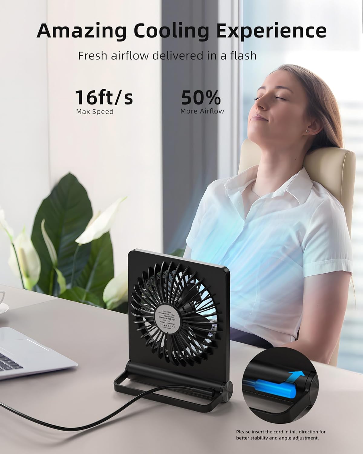 Koonie USB Fan, Strong Wind Ultra Quiet Small Desk Fan 220° Tilt Folding 3 Speeds Adjustable USB-C Corded Powered Personal Fan for Home Office Desktop Black - Image 2