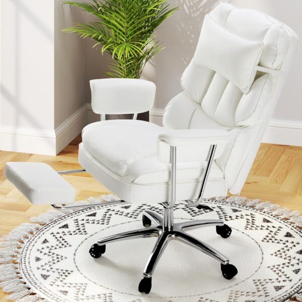 Heavy Duty Executive Office Chair with Retractable Footrest, Big and Tall Computer Chair Ergonomic High Back Reclining Desk Chair with Wide Thick Seat and Lumbar Support, White - Image 2