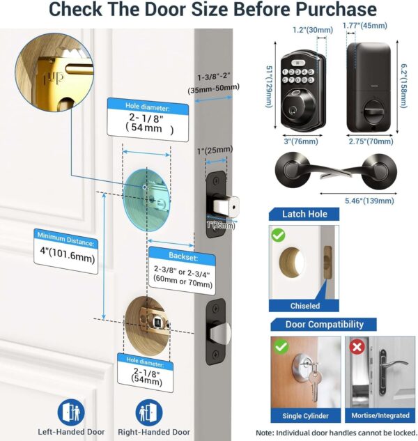 Veise Fingerprint Door Lock with 2 Lever Handles - Keyless Entry Door Lock, Electronic Keypad Deadbolt, Digital Smart Code & Front Handle Sets, Auto-Locking, Easy Installation, Matte Black - Image 6