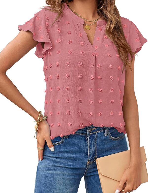 MEROKEETY Women 2025 Summer V Neck Ruffle Short Sleeve Blouse Swiss Dot Flowy Shirt Tunic Top