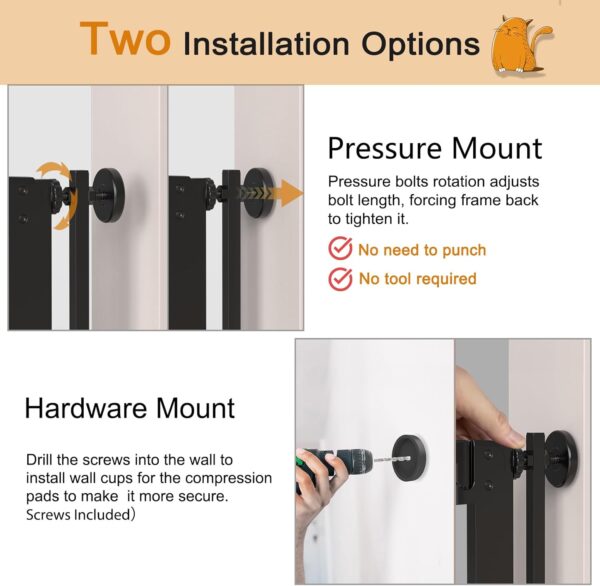 Senneny 63' Extra Tall Cat Gate Auto Close & One-Hand Open, Includes Extension Kit, No Drilling Pressure Mounted & Wall Mounted Kits, Metal Pet Gate Fits Openings 37.4' to 41.3' Wide, Black - Image 6