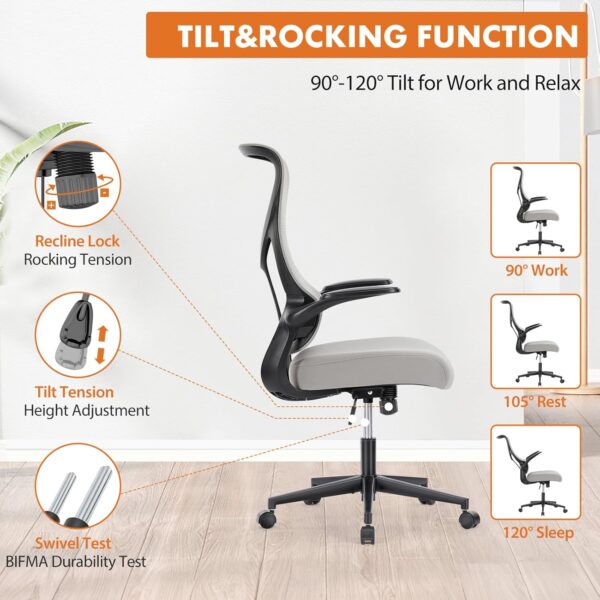 Ergonomic Office Chair, High Back Comfy Desk Chair with Wheels,Swivel Rolling Flip-up Arms Mesh Gaming Chairs for Home,Grey - Image 3