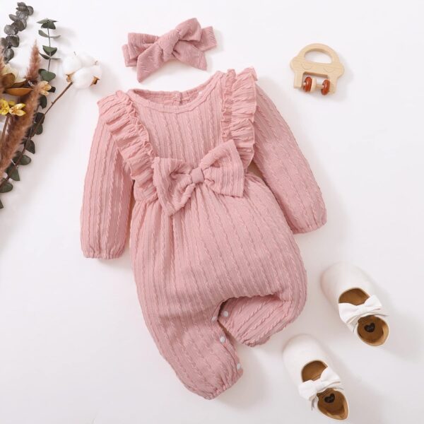 Happy Town Baby Girl Romper Infant Fall Winter Clothes Ruffle Sweater Long Sleeve Bodysuit Jumpsuit and Headband - Image 2