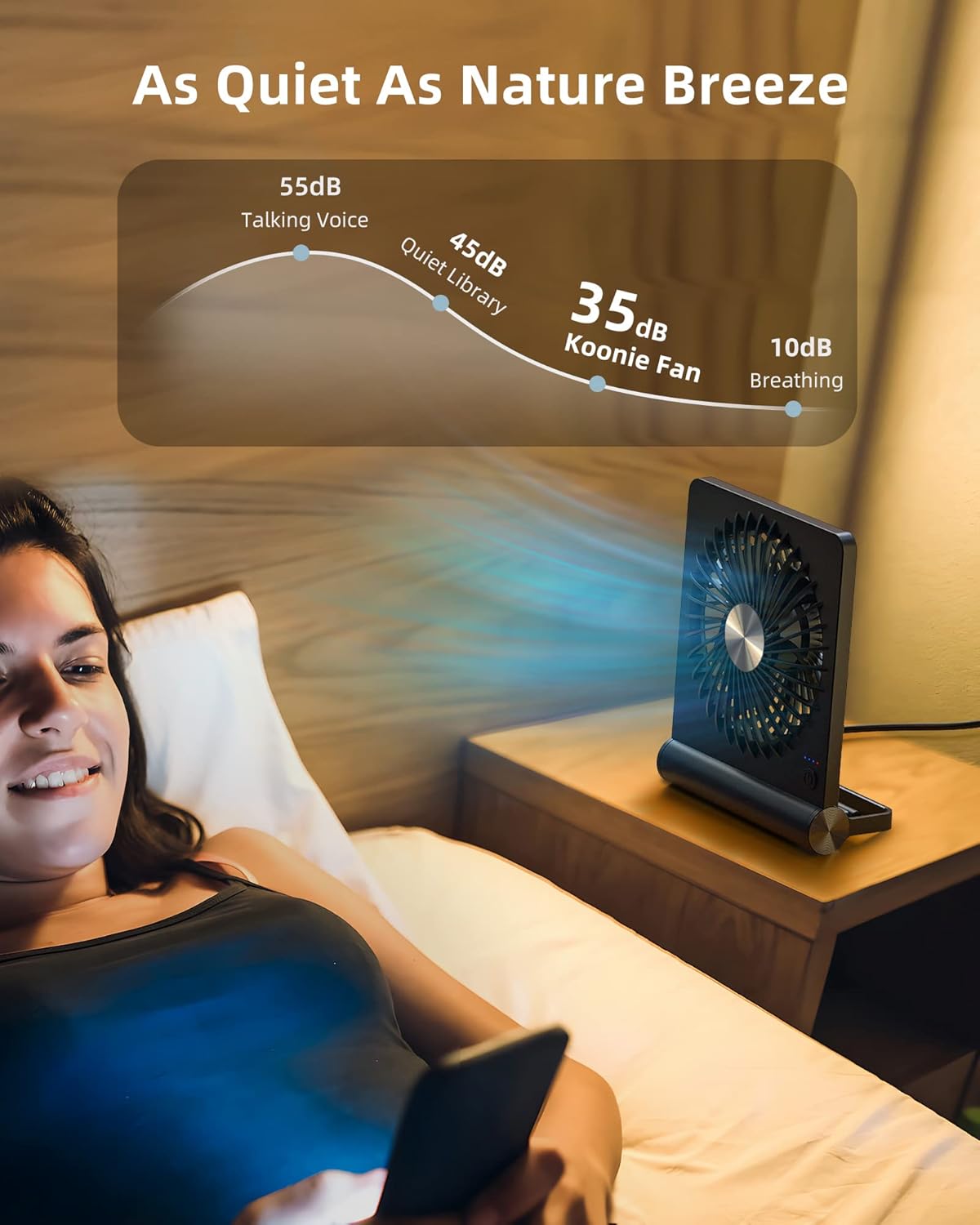 Koonie USB Fan, Strong Wind Ultra Quiet Small Desk Fan 220° Tilt Folding 3 Speeds Adjustable USB-C Corded Powered Personal Fan for Home Office Desktop Black - Image 5