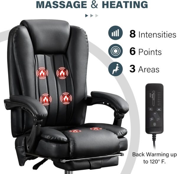 Massage Office Chair with Heat and 6 Vibration Points，Executive Office Chair with Foot Rest and Padded Armrests，Reclining Backrest and Wheels - Image 4