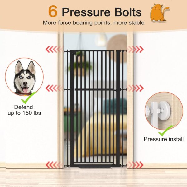 Senneny 63' Extra Tall Cat Gate Auto Close & One-Hand Open, Includes Extension Kit, No Drilling Pressure Mounted & Wall Mounted Kits, Metal Pet Gate Fits Openings 37.4' to 41.3' Wide, Black - Image 3