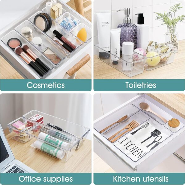 25 PCS Clear Plastic Drawer Organizer Set, 4 Sizes Desk Drawer Divider Organizers and Storage Bins for Makeup, Jewelry, Gadgets for Kitchen, Bedroom, Bathroom, Office - Image 5