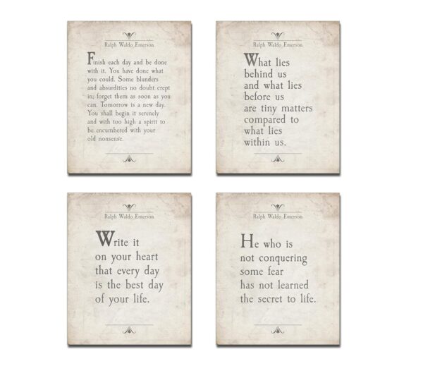 Ralph Waldo Emerson Quote Wall Art Prints, Set of 4, Unframed, Finish Each Day Vintage Literary Inspirational Motivational Sign, 8x10 Inches