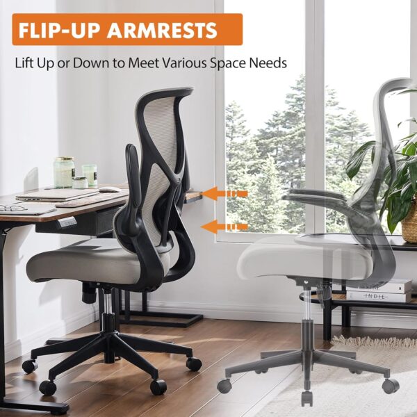 Ergonomic Office Chair, High Back Comfy Desk Chair with Wheels,Swivel Rolling Flip-up Arms Mesh Gaming Chairs for Home,Grey - Image 6