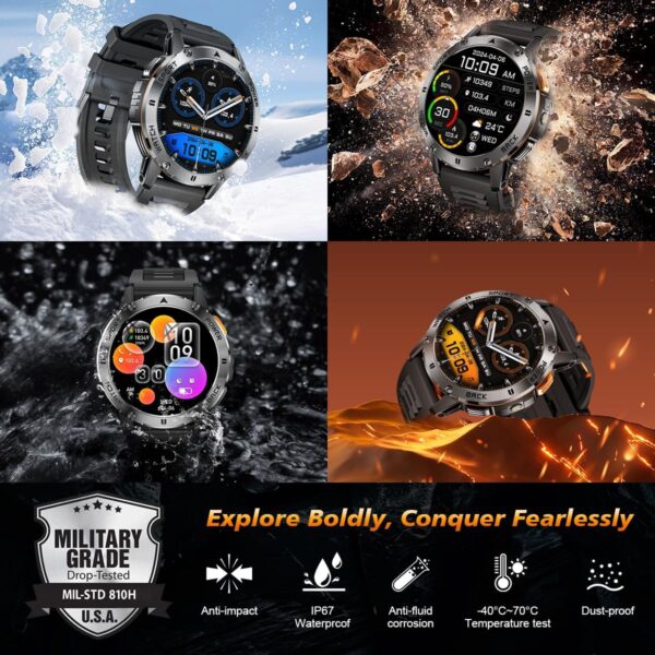 FILIEKEU Man Smartwatch Bluetooth Calls Heart Rate Sleep Monitor Steps Mens Smart Watch IP67 Waterproof Fitness Tracker Military Black Leather Strap Flashlight Smart Watches for Android iOS - Image 2