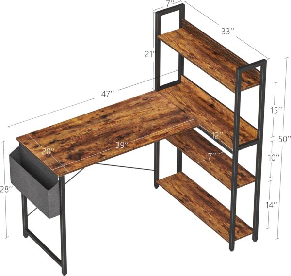 Treesland 47 Inch Computer Desk with Bookshelf, Corner Desk with Storage, L Shaped Desk, Home Office Desks, Writing Study Desk for Bedroom, Brown - Image 2