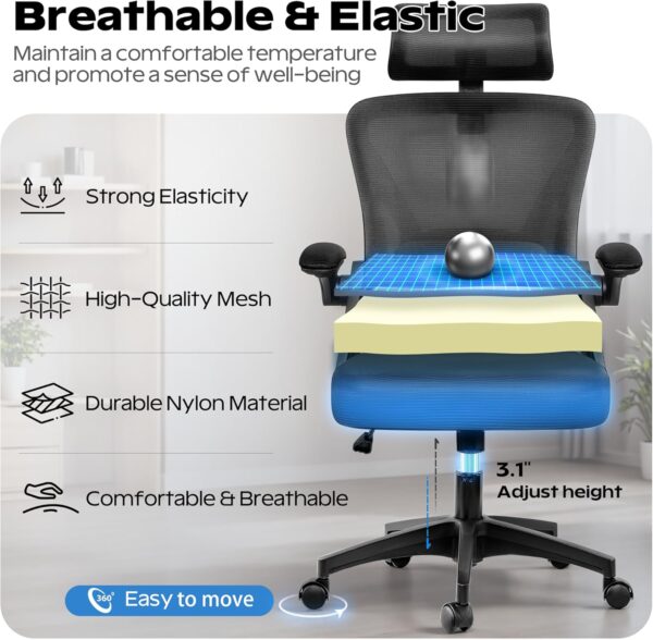 Ergonomic Office Chair, Home Office Desk Chair with Headrest, High Back Mesh Chair with Flip-up Armrests, Comfy Desk Chair with Lumbar Support, Rolling Swivel Task Computer Chair for Home Office - Image 6